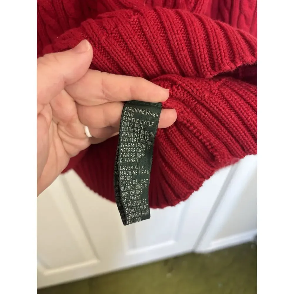 Y2K Lauren Ralph Lauren Red Cable Knit Crewneck Sweater Crest Small Australia